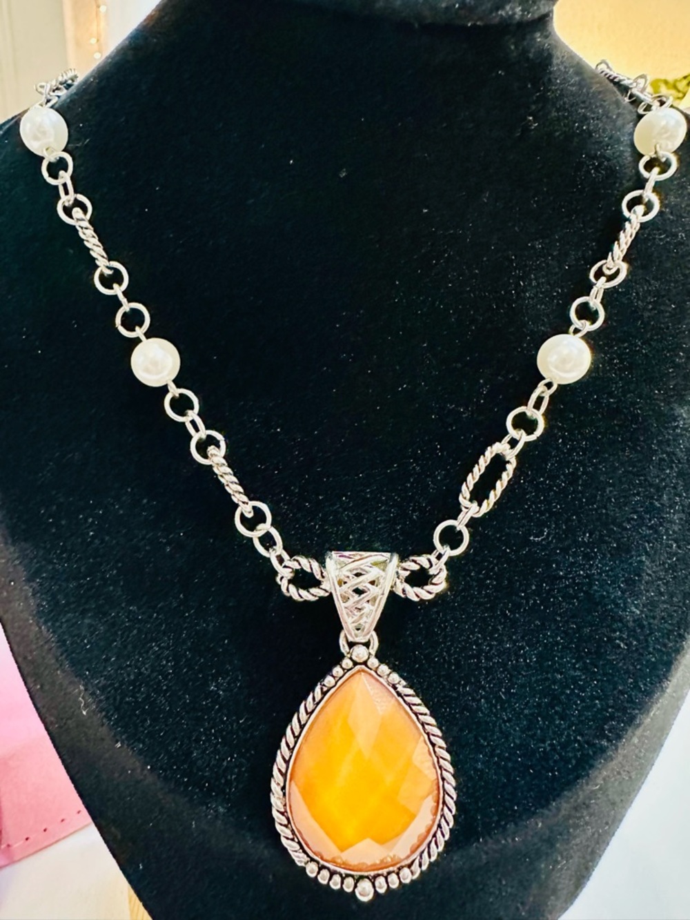 Amber Glass Teardrop Pendant Necklace